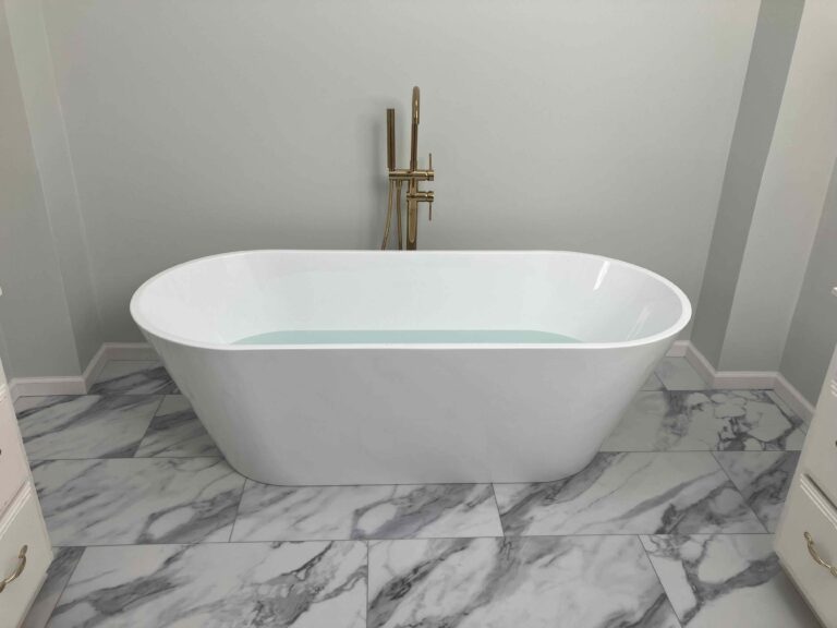 Free-standing tub on modern tile flooring with brass fixtures.